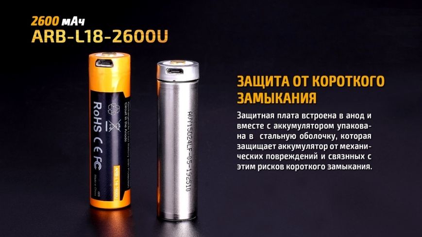 Акумулятор 18650 Fenix (2600 mAh) micro usb зарядка 45019 фото