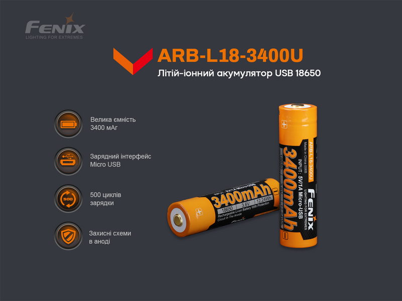 Аккумулятор 18650 Fenix (3400 mAh) micro usb зарядка 63320 фото