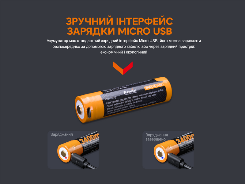 Аккумулятор 18650 Fenix (3400 mAh) micro usb зарядка 63320 фото