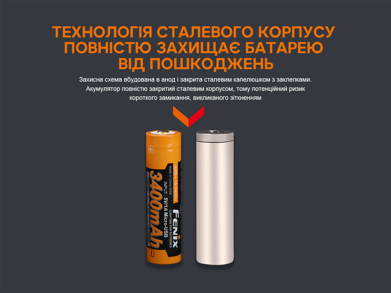 Аккумулятор 18650 Fenix (3400 mAh) micro usb зарядка 63320 фото